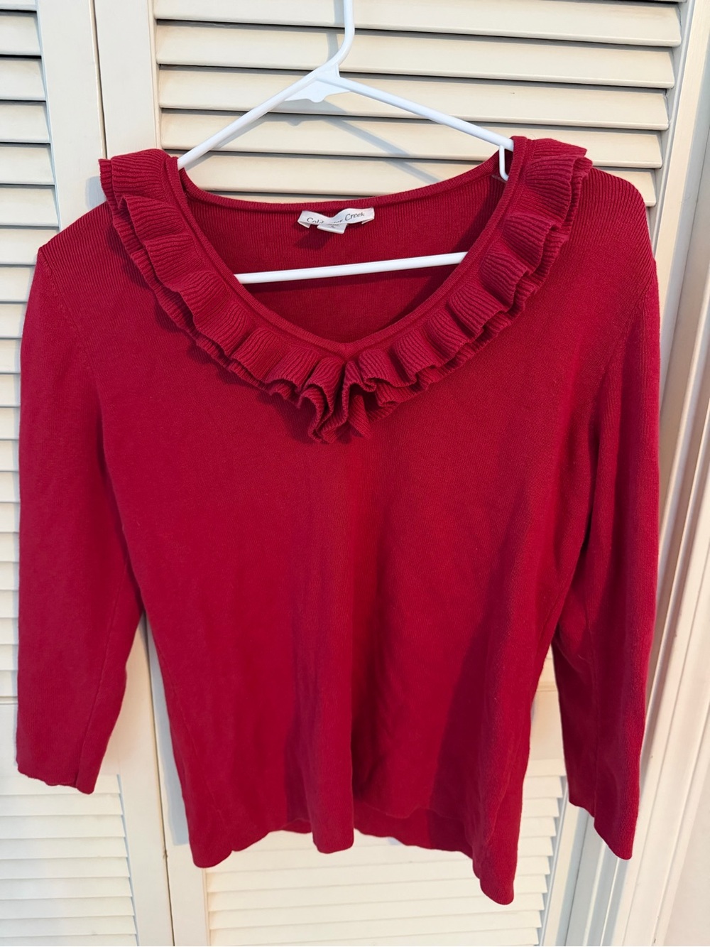 Coldwater Creek Red Ruffle-Trim V-Neck Sweater